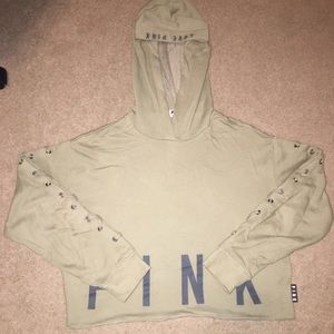 PINK Olive Green Cropped Lace Up Sweater